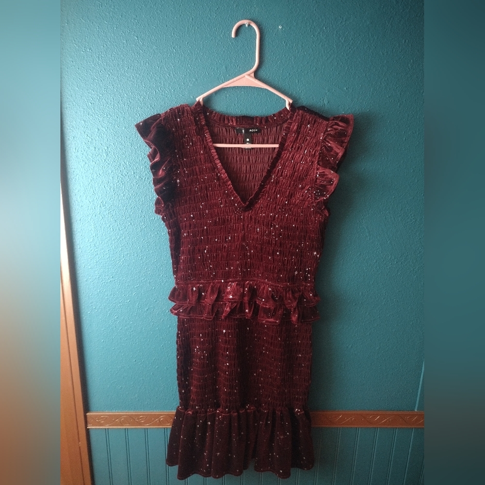Aqua Velvet Whimsigoth Star Print Smocked V-neck Short Flutter Sleeves Dress